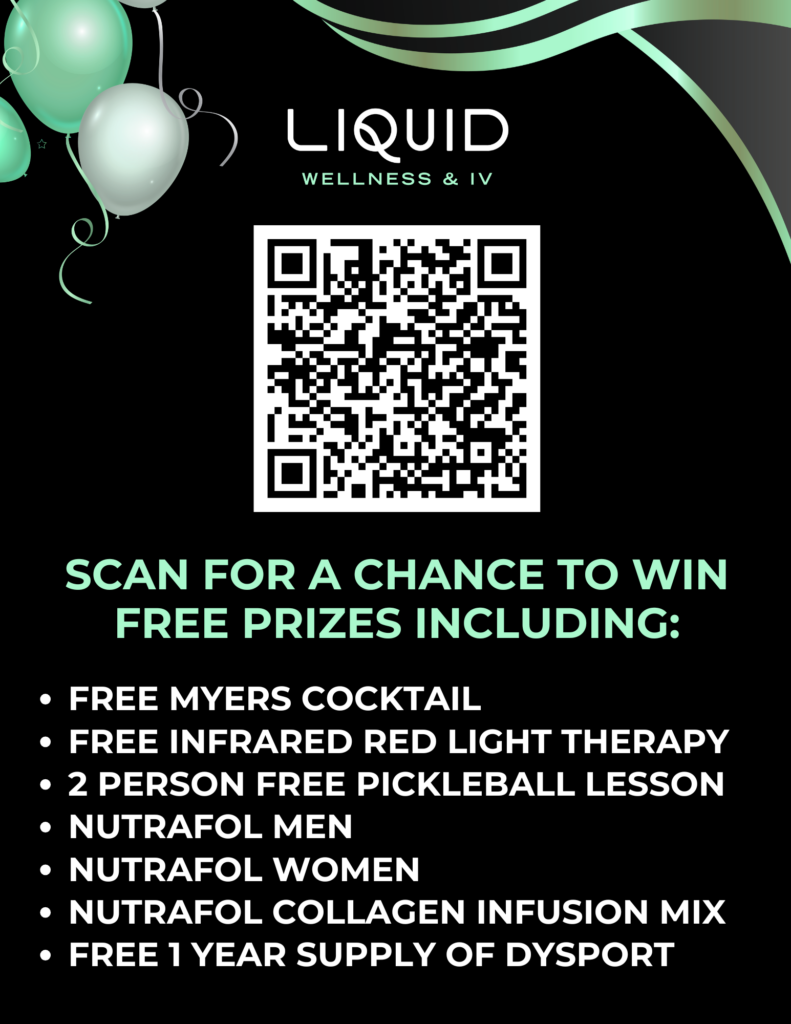 Promotional poster for LIQUID Wellness & IV with teal balloons and a QR code to scan for a chance to win prizes.
