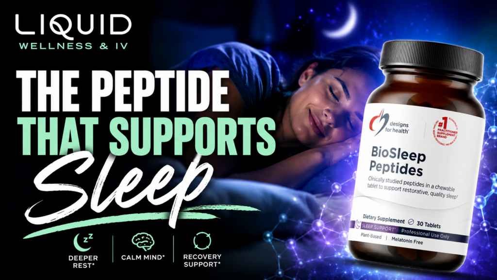 Advertisement for LIQUID Wellness & IV featuring BioSleep Peptides supplement for sleep support, with a large bottle tilted on the right and a sleeping person in the background.