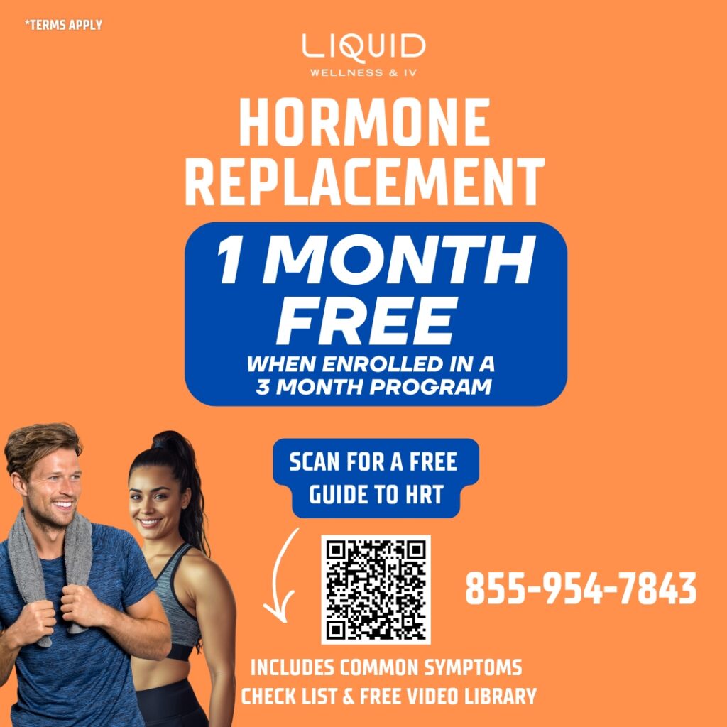 Orange ad for hormone replacement by Liquid Wellness & IV. Large white text 'HORMONE REPLACEMENT' and a blue rounded promo box '1 MONTH FREE' with subtext; two people in workout gear on the left; QR code with arrow and phone number 855-954-7843; includes note about symptoms checklist and free video library.
