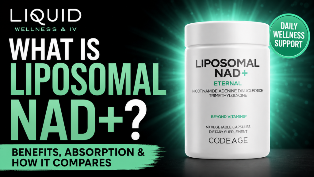 Advertising banner for Liposomal NAD+ Eternal supplement with a white bottle on the right and bold 'WHAT IS LIPOSOMAL NAD+?' text on the left, against a green glow.