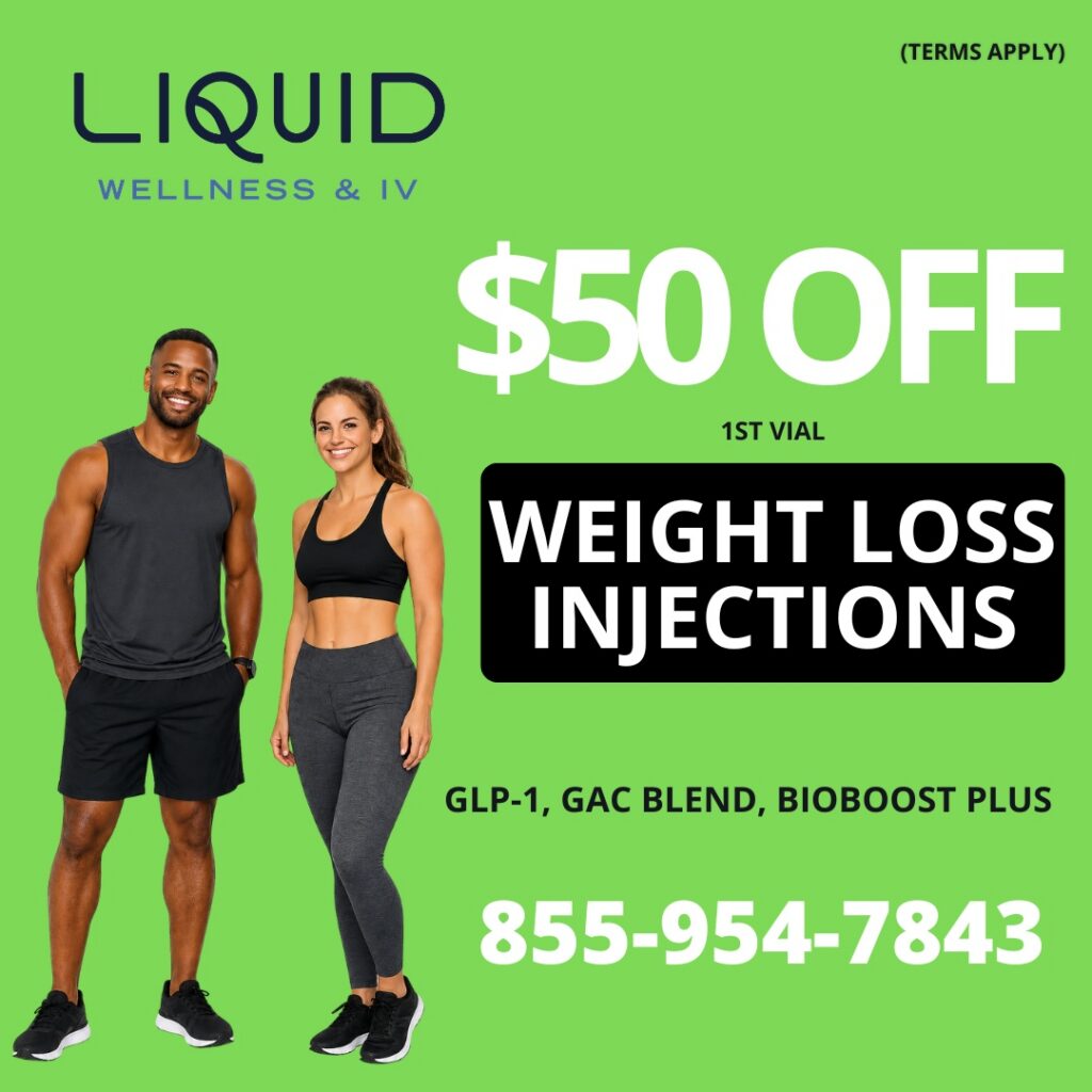 Bright green wellness ad offering '$50 OFF' for 1st vial weight loss injections, featuring a fit man and woman in athletic wear and a contact number.